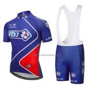 2018 Fahrradbekleidung FDJ Blau Trikot Kurzarm und Tragerhose