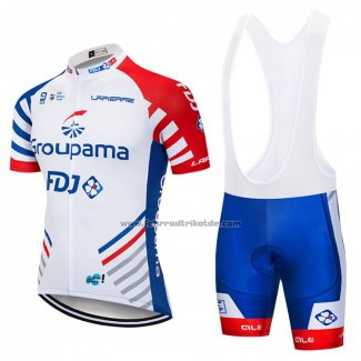 2018 Fahrradbekleidung FDJ Wei und Blau Trikot Kurzarm und Tragerhose