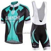 2016 Fahrradbekleidung Bianchi Shwarz und Azurblau Trikot Kurzarm und Tragerhose