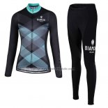 Fahrradbekleidung Frau Bianchi Milano Cornedo Shwarz Blau Trikot Langarm und Tragerhose