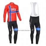 2013 Fahrradbekleidung Sky Champion Norwegen Blau und Rot Trikot Langarm und Tragerhose