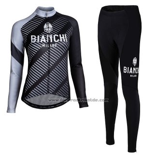 Fahrradbekleidung Frau Bianchi Milano Catria Shwarz Grau Trikot Langarm und Tragerhose