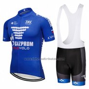 2018 Fahrradbekleidung Gazprom Rusvelo Blau und Wei Trikot Kurzarm und Tragerhose