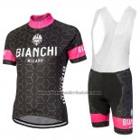 2018 Fahrradbekleidung Bianchi Nevola Shwarz und Rosa Trikot Kurzarm und Tragerhose