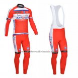 2013 Fahrradbekleidung Katusha Wei und Rot Trikot Langarm und Tragerhose