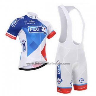 2015 Fahrradbekleidung FDJ Wei und Blau Trikot Kurzarm und Tragerhose