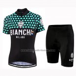 2019 Fahrradbekleidung Frau Bianchi Dot Shwarz Grun Trikot Kurzarm und Tragerhose