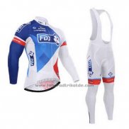 2015 Fahrradbekleidung FDJ Wei und Blau Trikot Langarm und Tragerhose