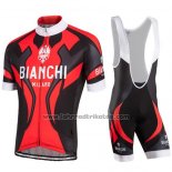 2016 Fahrradbekleidung Bianchi Shwarz und Rot Trikot Kurzarm und Tragerhose