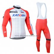 2014 Fahrradbekleidung Katusha Wei und Rot Trikot Langarm und Tragerhose