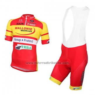 2016 Fahrradbekleidung Wallonie Bruxelles Gelb und Rot Trikot Kurzarm und Tragerhose